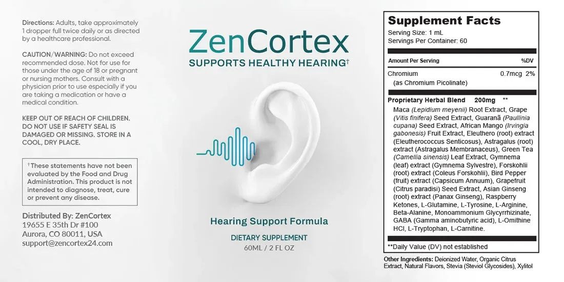 ZenCortex Ingredients Label